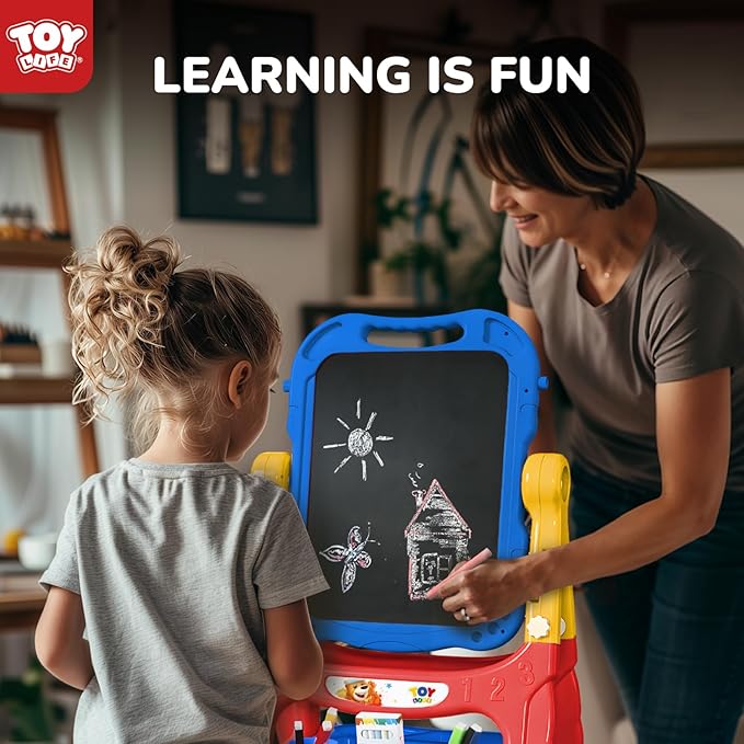 TOY Life Easel for Kids Art Easel for Toddler Easel - 4in1 Double-Sided Large Magnetic Board Kids Chalkboard Easel Drawing White Board for Kids Magnetic Letters & Numbers Birthday Gifts for Kids