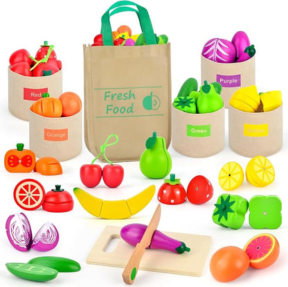 Wooden Play Food Set Color Sorting Toys, Pretend Food for Play Kitchen Accessories Toddler Fruit Veggies Cutting Toy, Grocery Store Pretend Play for Kids Kitchen