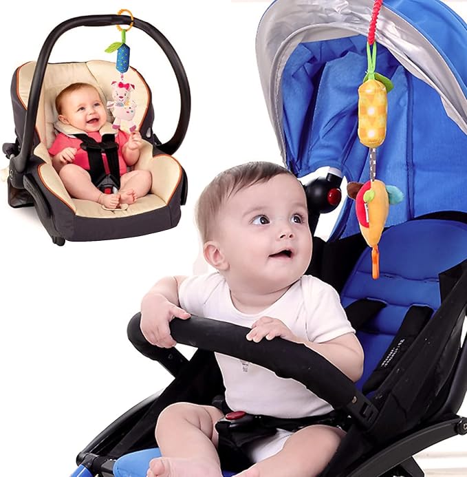 4 Packs Baby Stroller Toys Car Seat Hanging Bell for Boys Girls,Adorable Animal Infant Play Music Crib Toy Carseat Rattles Educational Toys,Kids Hand Bell Puppet with Cute Wind Chime and Squeak