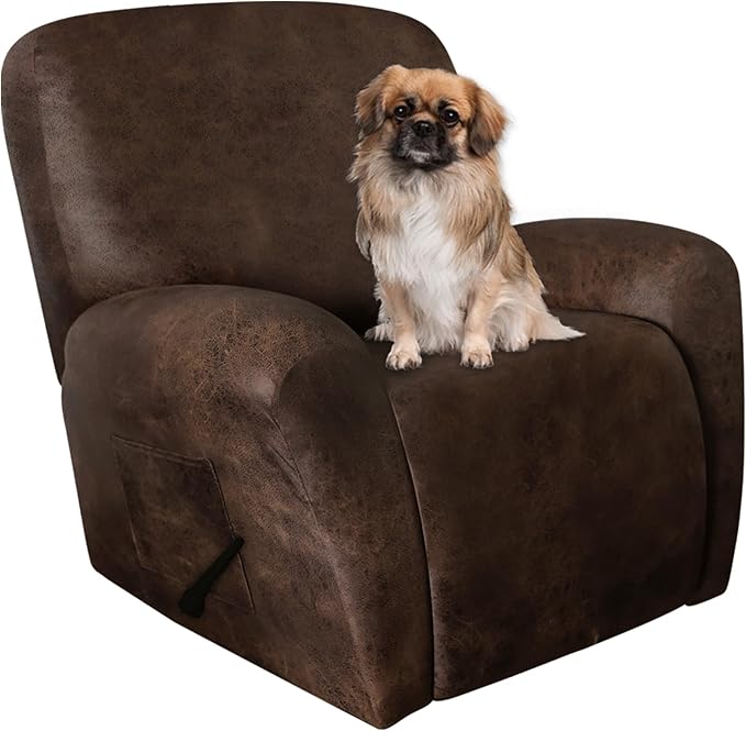 Leather Look Recliner Chair Covers Stay in Place 4-Piece Lazy Boy Recliner Slipcovers for Reclining Chair Furniture Protector Spandex Fabric Washable (Large, Dark Brown)