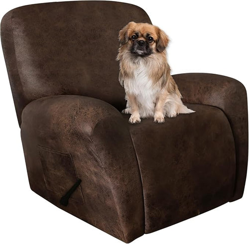Leather Look Recliner Chair Covers Stay in Place 4-Piece Lazy Boy Recliner Slipcovers for Reclining Chair Furniture Protector Spandex Fabric Washable (Large, Dark Brown)