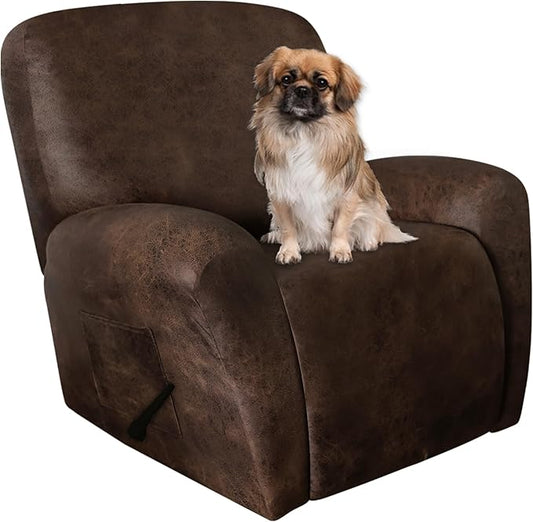 Leather Look Recliner Chair Covers Stay in Place 4-Piece Lazy Boy Recliner Slipcovers for Reclining Chair Furniture Protector Spandex Fabric Washable (Large, Dark Brown)