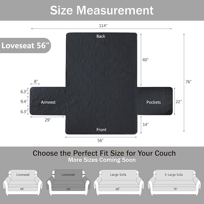 Blue Loveseat Covers for 2 Cushion Couch, Water-Repellent Slip Covers for Loveseat, Machine Washable Love Seat Quilted Couch Covers, Pet Friendly Loveseat Slipcovers (Loveseat 56", Blue Gray)