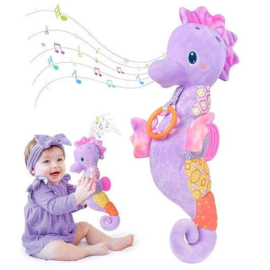 Baby Toys 0-6 Months,Infant Musical Seahorse Stuffed Animals Sensory Toys with Bright Colors 0-12 Months-Purple