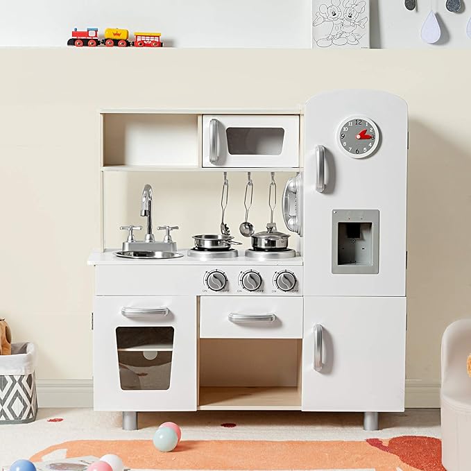 Costzon Kitchen Playset for Kids, Wooden Pretend Cooking Kitchen w/Utensils, Oven, Cabinets, Faucet, Sink & Telephone, Toddlers Play Kitchen Set with Accessories Gift for Age 3+ (Natural)