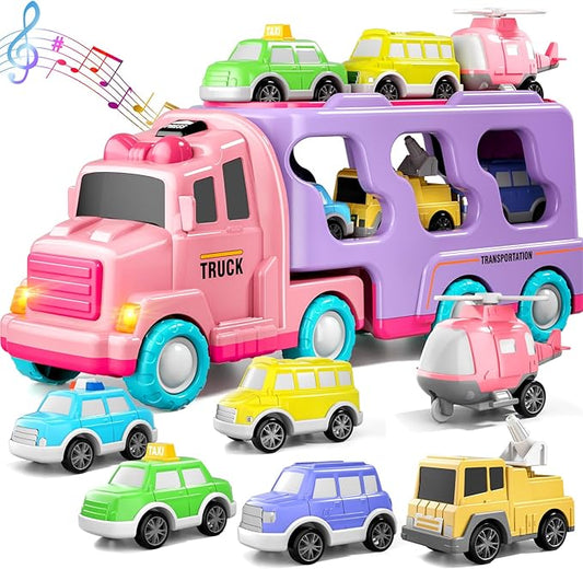 Bennol Car Truck Toys for 1 2 3 4 5 Year Old Girls Toddlers, 7-in-1 Carrier Truck Toddler Girl Bus Toys 1 2 3 4 5 Year