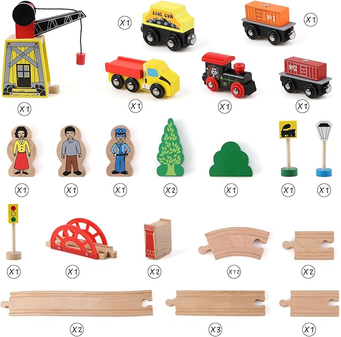 Qilay Wooden Train Set for Toddler - 39 Pcs Wooden Train Tracks with Crane, Bridge & 5 Wooden Trains 3,4,5 Year