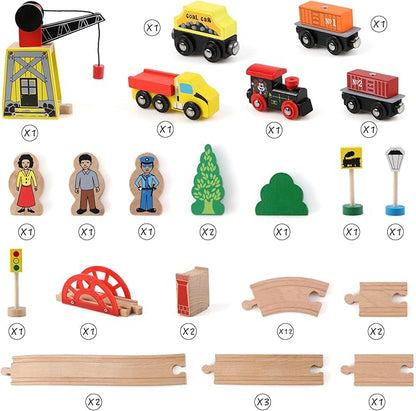 Qilay Wooden Train Set for Toddler - 39 Pcs Wooden Train Tracks with Crane, Bridge & 5 Wooden Trains 3,4,5 Year