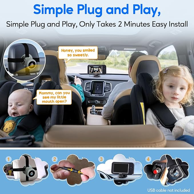 Baby Car Camera for Backseat 1080P - HD Crystal Night Vision, Easy to Install, 360° Rotation, Protect Baby's Eye, Perfect for Grey Car Interiors, Rear Facing Backseat Camera for Newborn, Infant, Kids