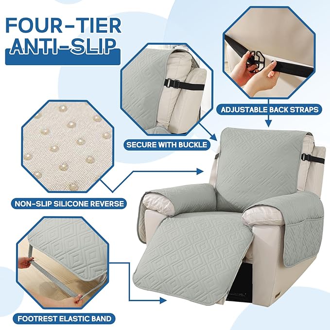 XINEAGE 100% Waterproof Recliner Cover, Non Slip Recliner Chair Cover with Elastic Band, Washable Recliner Slipcover with Storage Pockets for Kids, Pets (Light Gray, 28")