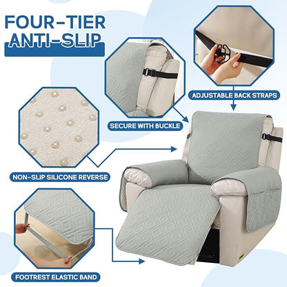XINEAGE 100% Waterproof Recliner Cover, Non Slip Recliner Chair Cover with Elastic Band, Washable Recliner Slipcover with Storage Pockets for Kids, Pets (Light Gray, 28")
