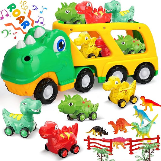 TOY Life Toddler Car Toy for 1+ Year Old, Dinosaur Transport Carrier Truck with 4 Pull Back Dinosaur Cars Dino Figures 1 2 3 4 5+, Christmas 18M+ Boys