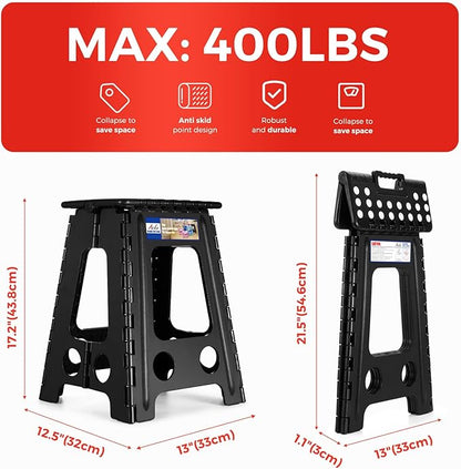 ACKO Folding Step Stool Foldable 17.5 Inch Stool 400 lbs Capacity,Plastic Stools for Adults and Kids,Collapsible Stool for Kitchen, Stepping Stool with Handle(Black)