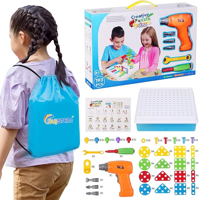 SUPSTEM Creative Toys for Kids 4-8, Mosaic Drill Set with Screwdriver Tool Playset, Electric Drill Toy with Rainbow Fasteners, Premium STEM Building Set for Ages 3+