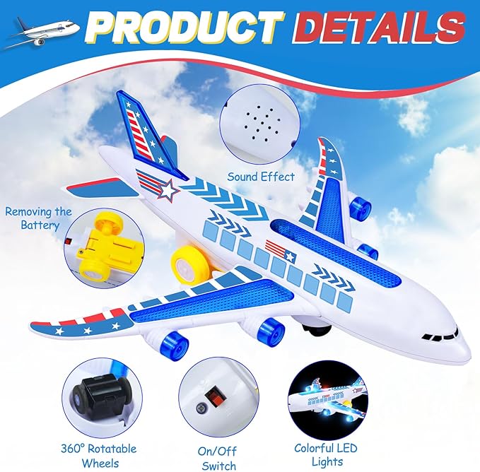 Airplane Toys for Toddlers 3-5, Kids Play Airplanes Aeroplane Musical Plane with Flashing Lights and Sounds 2 3 4-7 8 9 Birthday