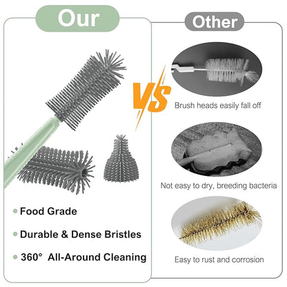 6 in 1 Bottle Cleaner Brush Set with Travel Bottle Drying Racks,360° Cleaning Baby Bottle Brush