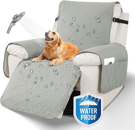 XINEAGE 100% Waterproof Recliner Cover, Non Slip Recliner Chair Cover with Elastic Band, Washable Recliner Slipcover with Storage Pockets for Kids, Pets (Light Gray, 28")