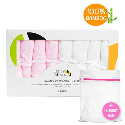 Jumpy Moo's Baby Washcloths, Rayon from Bamboo - Bath Face Towel 2 Layer 10x10 inches (8 Pack)