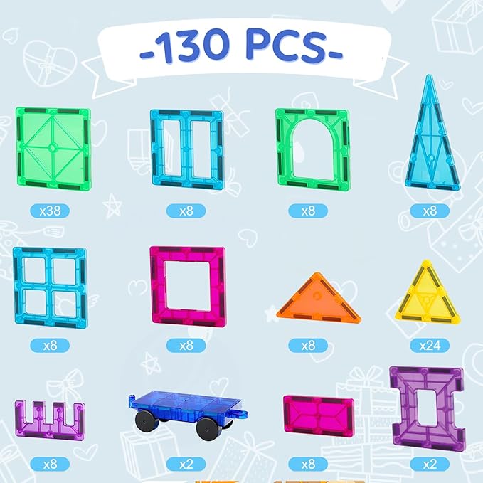 Bmag 130PCS Magnetic Tiles Building Blocks, 3D Magnet Blocks Construction Playboards for Kids Toddlers, Educational STEM Preschool Toys for Boys Girls with 2 Cars