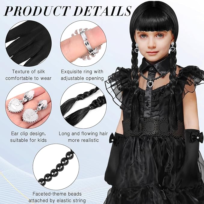 Black Wig Girls Costume, Halloween Costumes for Kids Girls, Black Outfit Costume Accessories Set for Kids(Classic)
