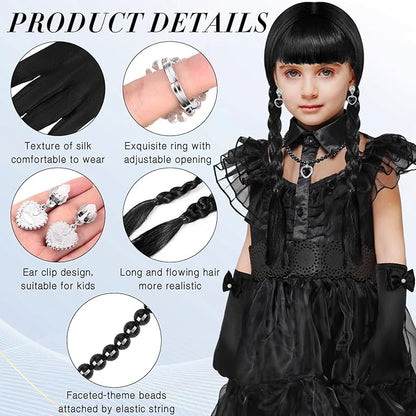 Black Wig Girls Costume, Halloween Costumes for Kids Girls, Black Outfit Costume Accessories Set for Kids(Classic)