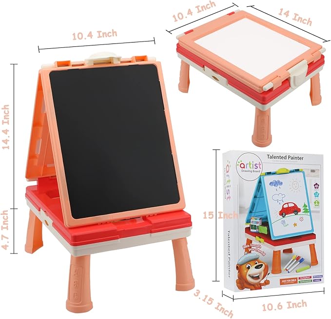 Table Art Easel for Kids, Double Sided Foldable Tabletop Drawing Easels Chalkboard Desk with Graffiti and Board Game Accessories Supplies for Boys and Girls (Pink)
