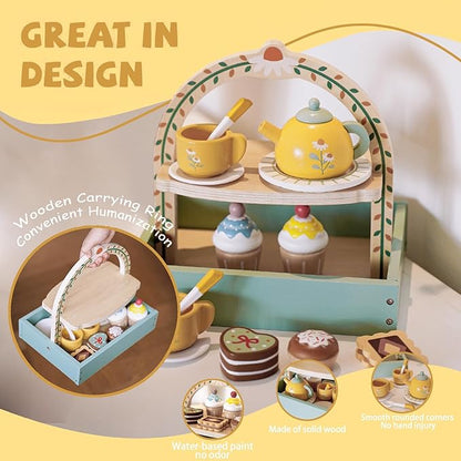 Tea Party Set，Tea Sets for Toddlers 3-5，Kids Tea Set with Dessert Cookies & Cake Stand, Non-Toxic Wooden Tea Party Set，Pretend Play Toys Toddler Tea Set for Girls Birthday Gifts