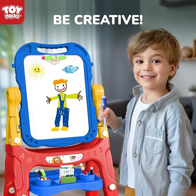 TOY Life Easel for Kids Art Easel for Toddler Easel - 4in1 Double-Sided Large Magnetic Board Kids Chalkboard Easel Drawing White Board for Kids Magnetic Letters & Numbers Birthday Gifts for Kids