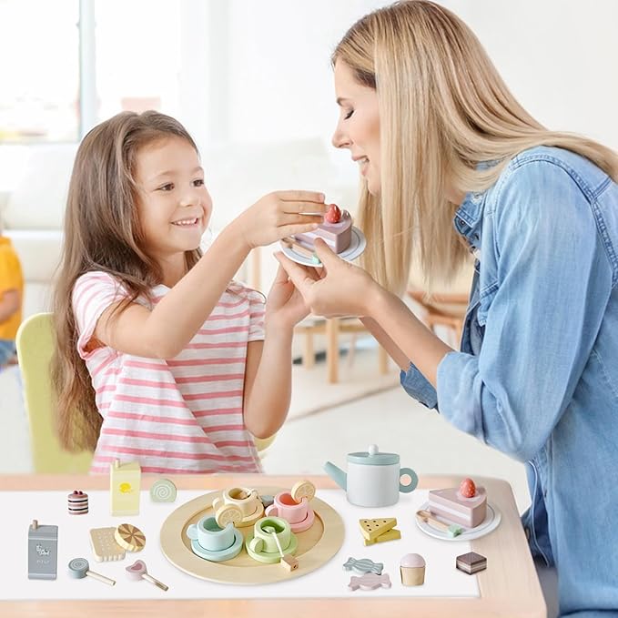 Wooden Tea Party Set for Little Girls, 30 PCS Wooden Tea Set for Toddlers 3-5, Pretend Play Kids Wood Tea Set Toy, Play Kitchen Accessories with Play Food, Improve Imagination