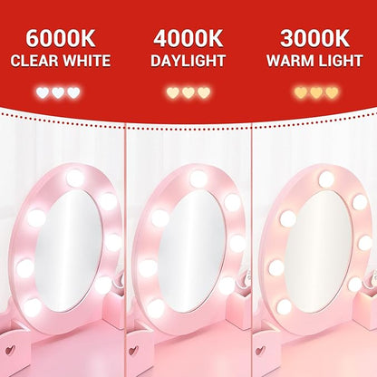 Kids' Vanity Set with Mirror and Light, Makeup Table and Stool for Girls, Vanity Table and Chair Set with Wood Makeup Playset for 4-9 Girls, Pink （Batteries Not Included）