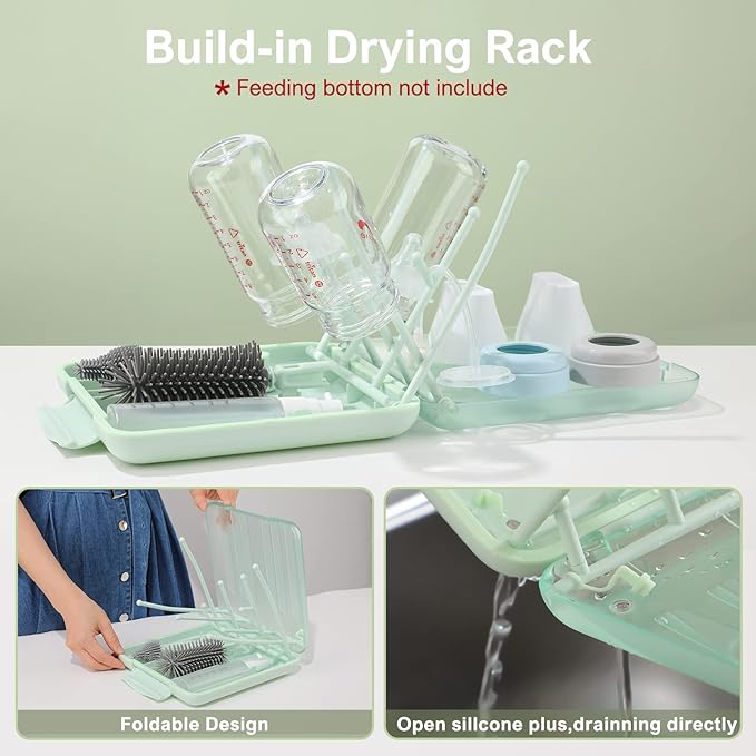 6 in 1 Bottle Cleaner Brush Set with Travel Bottle Drying Racks,360° Cleaning Baby Bottle Brush