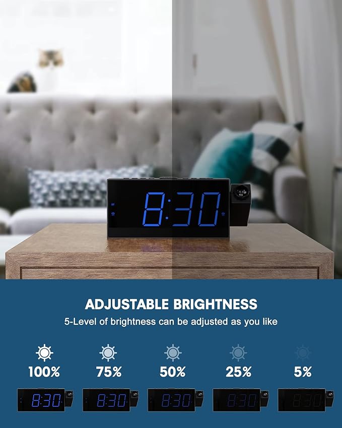 OnLyee Projection Alarm Clock for Bedroom, LED Digital on Ceiling Wall with USB Phone Charging, Battery Backup, 180° Rotatable Projector & Dimmer, 12/24H, DST, Snooze, Dual Loud Bedside Heavy Sleeper