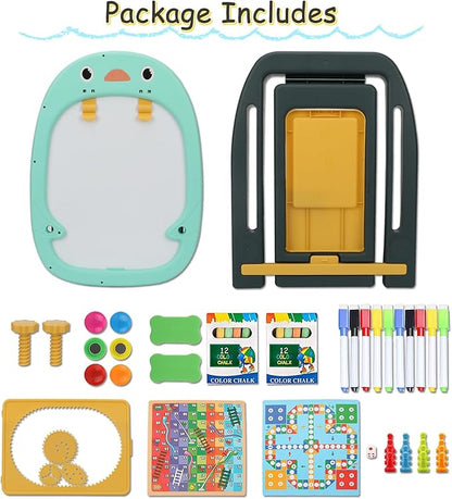 Table Easel for Kids, Double Sided Adjustable Tabletop Drawing Magnetic Easels with Graffiti and Board Game Accessories for Toddlers Boys and Girls (Blue)