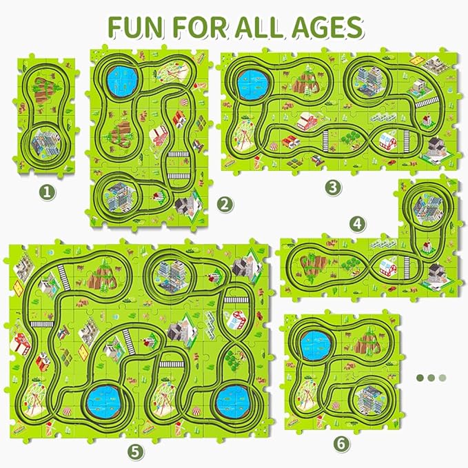 TEMI 64 PCS New Plastic Puzzles, car Tracks playset for Kids Ages 3-5 with 3 Cute Vehicle 4 5 6 Year
