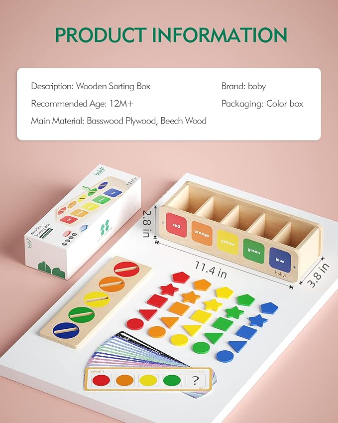 Boby Montessori Sorting Toys for Toddlers 1-3 Year Old, Wooden Color & Shape Sorter Box for Boy Girl Kids Birthday Gifts, Toddler Sensory Learning & Education Toys Age 1-2-3-4 Baby 12-18 Months