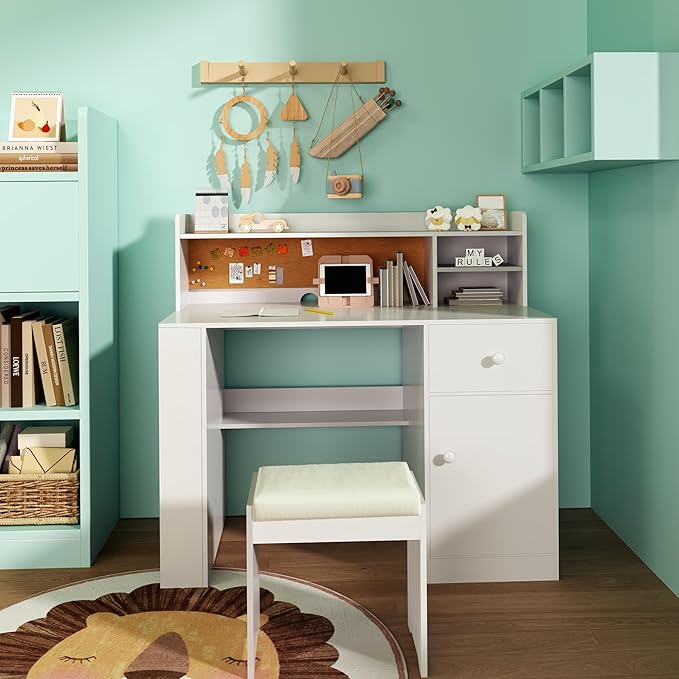 JMMD Kids Desk and Chair Set with Hutch, Wooden Student's Study Desk with Storage Cabinet and Drawer, Children Computer Writing Table for Girls Boys 8-12 Years, White