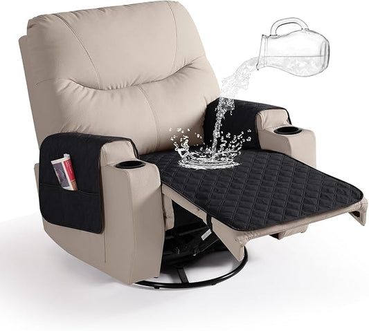 Ruaozz Waterproof Recliner Chair Covers Non Slip Chair Covers Washable Recliner Covers for Reclining Chair with Pockets Covers for Recliner Chair for Pets, Kids (Black, Medium-25'')