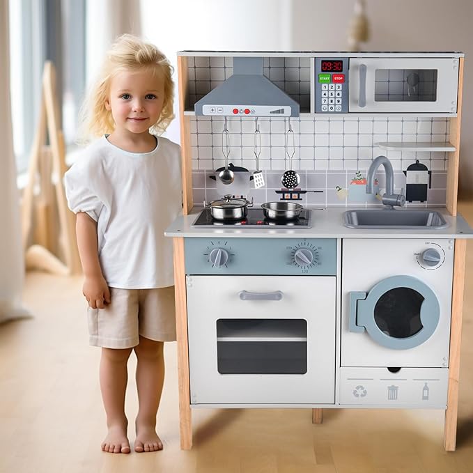 Wooden Kitchen Playset for Kids Ages 3-8, Pretend Play Kitchen for Toddlers with Realistic Lights & Sounds, Cooking Accessories, Pretend Toddler Kitchen Gift for Girls Boys (Traditional)