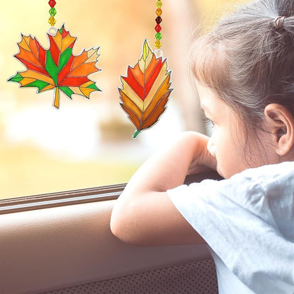 Winlyn 24 Sets Fall Leaf Suncatchers Ornaments DIY Window Paint Art Fall Craft Kits Maple Leaf Sun Catchers Painting Kits for Kids Classroom Activities Art Project Thanksgiving Autumn Party Decoration