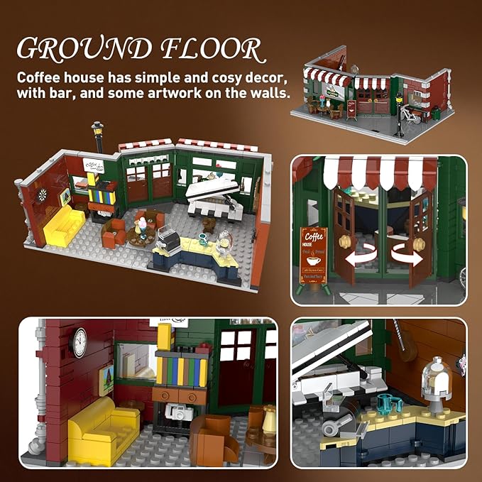 Coffee House Building Set with LED Light, 1589 PCS City Cafe Shop Building Block Toy with Stage Street Lights, Architecture Construction Model for Adults Teens Kids Ages 10 11 12+ Boys Girls