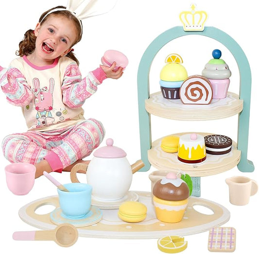 Wooden Tea Party Set for Little Girls, Toys Toddler Tea Set with Pretend Play Toy Cookies & Cake Stand, Kids Kitchen Playset Wooden Toys Birthday Gift for 2 3 4 5 6 Year Old Girls Boys