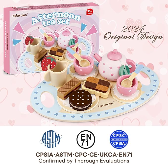 Wooden Tea Set for Little Girls Birthday Gift 2-4 Year Old Princess Toys Play Food Sets for Kids Kitchen Accessories Toddlers 3-5 Outdoor Party 1-3 Pretend Food Dessert Cookies Wood Toy