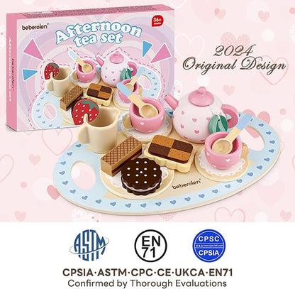 Wooden Tea Set for Little Girls Birthday Gift 2-4 Year Old Princess Toys Play Food Sets for Kids Kitchen Accessories Toddlers 3-5 Outdoor Party 1-3 Pretend Food Dessert Cookies Wood Toy
