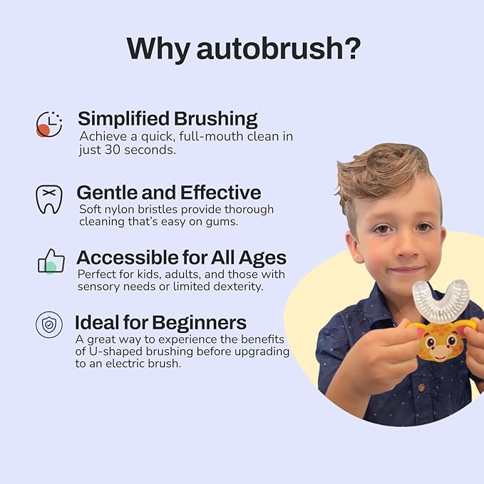 autobrush U Shaped Kids Manual Toothbrush- 360° Design for 5.1X Better Cleaning with Unique Nylon Bristles, Comfort Grip Handle, Waterproof Design, Ages 9-12, Butterfly (Double-Sided)