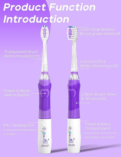 SEAGO Kids Electric Toothbrush with 2 Mins Brushing Timer and 4 Replacement Bursh Heads,Rainbow LED Light Make Brushing Fun, Purple Color Girls Battery Powerd Toothbrush for 4-12 Years Old，SG-977