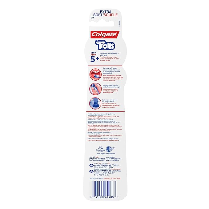 Colgate Kids Toothbrush, Trolls, Extra Soft Toothbrush with Suction Cup, 4 Pack