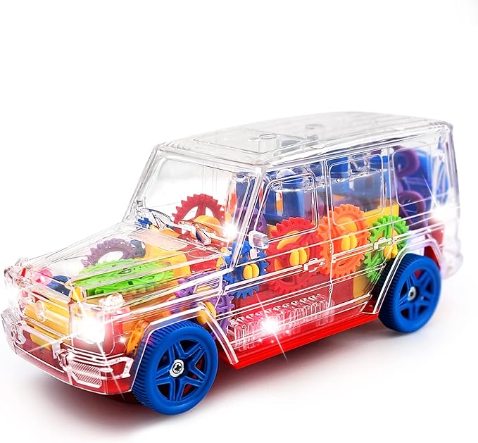 SUV Bump and Go Off Road Vehicle with Moving Gears – Light Up Transparent Toy with Music and LED Lights 8 Inch