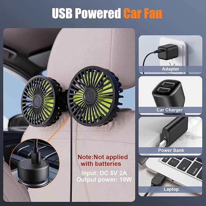 USB Car Cooling Fans for Backseat: Dual Head Car Fan for Kids 3 Speeds 360° Rotatable Vehicle Rear Headrest Fans 5V Powerful Electric Air Circulation Fan for Sedan SUV RV Truck (Black+Green)