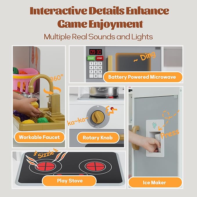 Wooden Pretend Play Kitchen Set, Realistic Oven Faucet Microwave Ice Maker BBQ, with Lights & Sounds Features, 21 Accessories, Toys Kitchen for Kids Children Boys Grils, Gift for Ages 3+