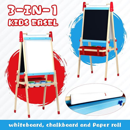 WOOD CITY Easel for Kids, Adjustable Standing Art Easel with Painting Accessories Wooden Chalkboard & Magnetic Whiteboard & Painting Paper Stand, Toddler Art Set Easel for Toddlers 2-12 Year Olds